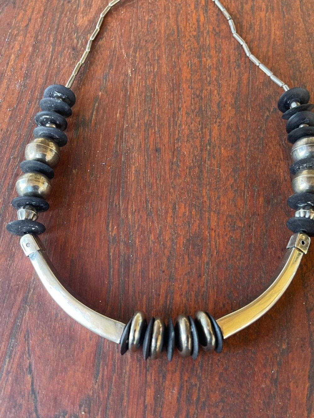 Antique African Tuareg Berber Tribal Ebony Wood Disc Silver Beaded Necklace - Picture 2 of 7